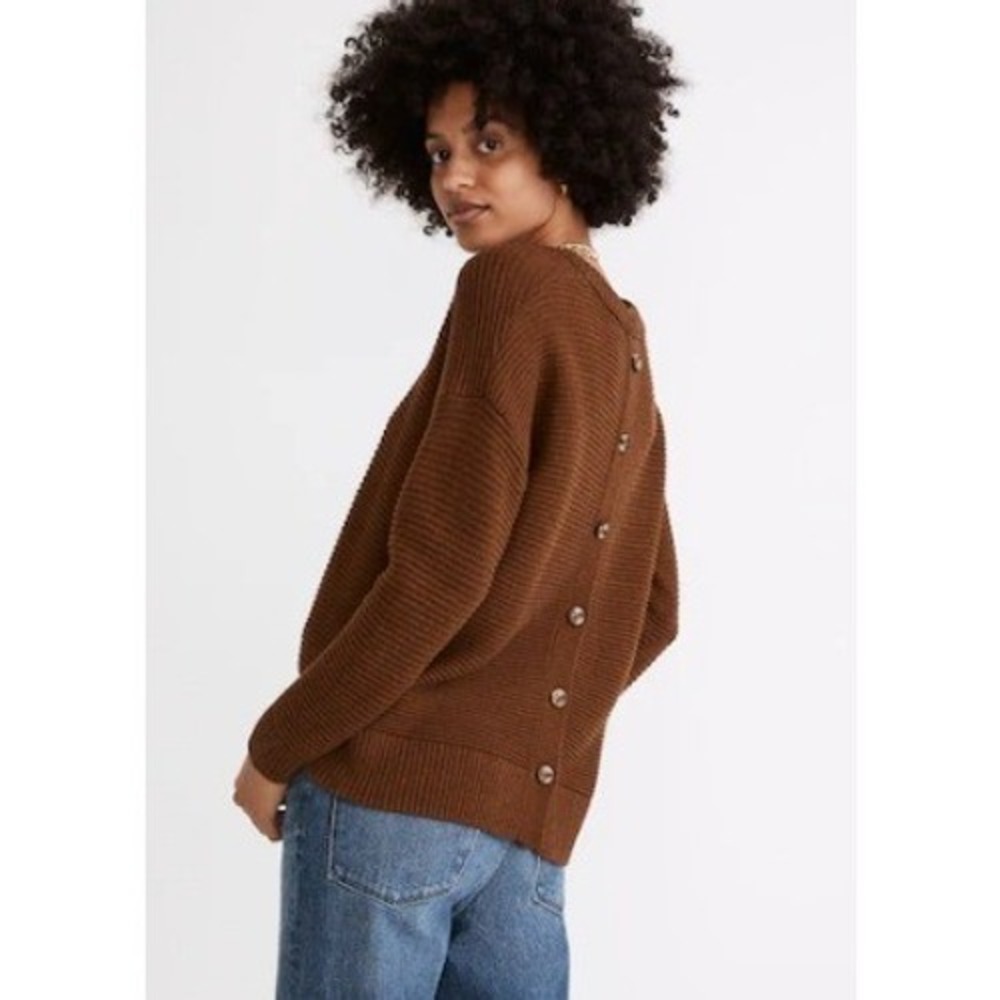 Madewell Button Back Detail Ribbed Crewneck Sweater Brown Cotton Fall Size Small